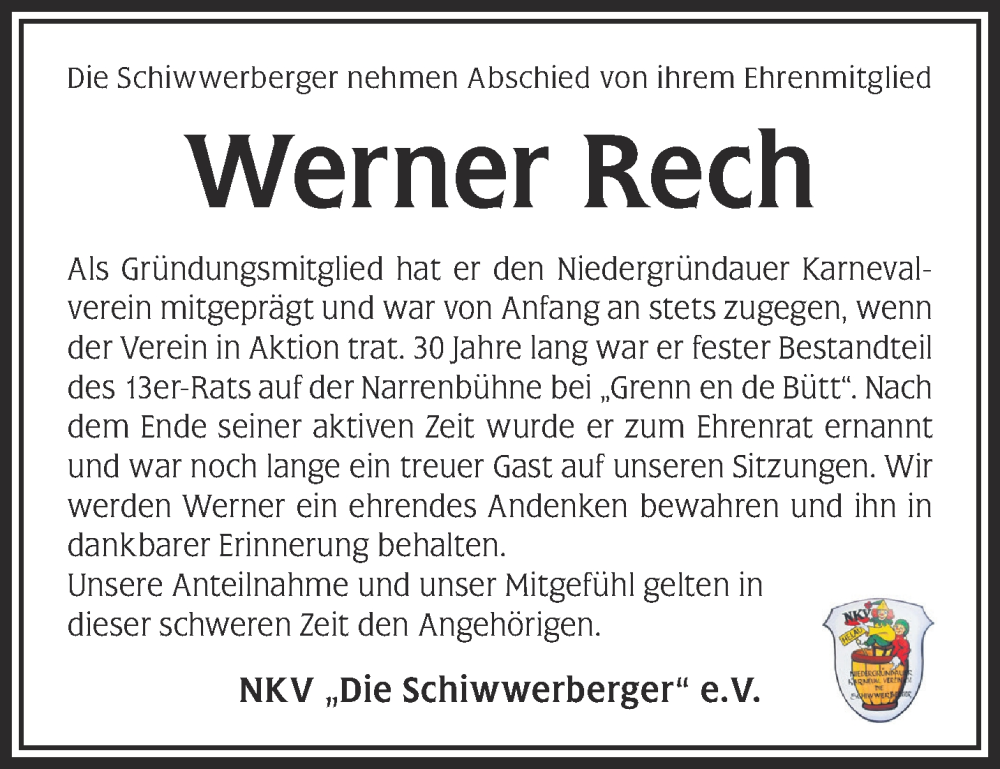  Traueranzeige für Werner Rech vom 21.10.2023 aus Gelnhäuser Neue Zeitung