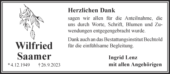 Traueranzeige von Wilfried Saamer von Gelnhäuser Neue Zeitung
