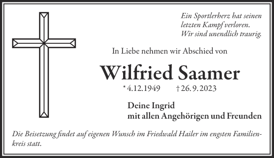 Traueranzeige von Wilfried Saamer von Gelnhäuser Neue Zeitung