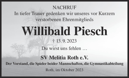 Traueranzeige von Willibald Piesch von Gelnhäuser Neue Zeitung