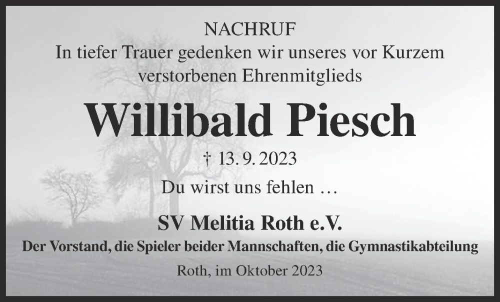  Traueranzeige für Willibald Piesch vom 07.10.2023 aus Gelnhäuser Neue Zeitung