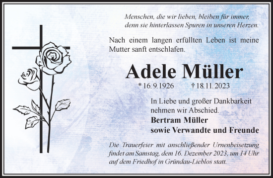 Traueranzeige von Adele Müller von Gelnhäuser Neue Zeitung