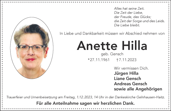 Traueranzeige von Anette Hilla von Gelnhäuser Neue Zeitung