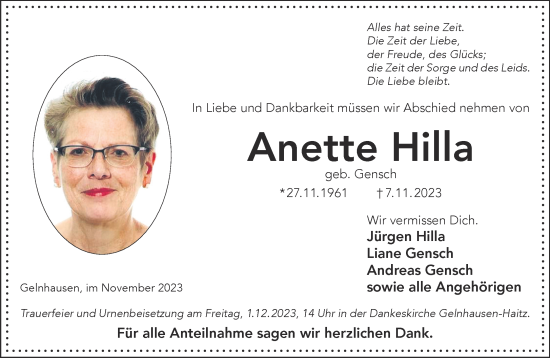 Traueranzeige von Anette Hilla von Mittelhessen-Bote