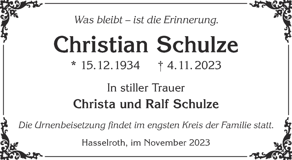  Traueranzeige für Christian Schulze vom 11.11.2023 aus Gelnhäuser Neue Zeitung
