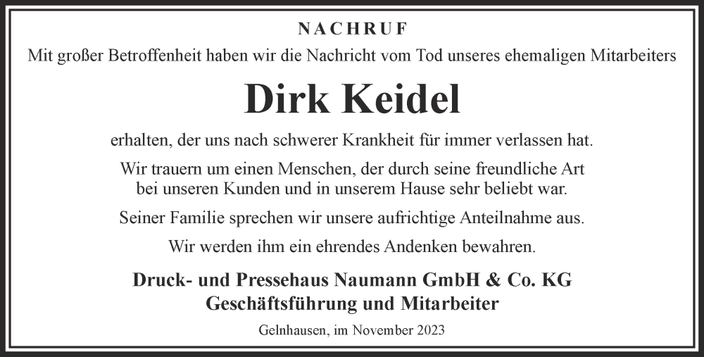 Traueranzeige für Dirk Keidel vom 25.11.2023 aus Mittelhessen-Bote