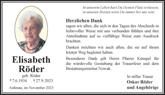 Traueranzeige von Elisabeth Röder von Gelnhäuser Neue Zeitung