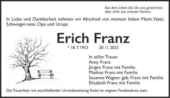 Traueranzeige von Erich Franz von Gelnhäuser Neue Zeitung