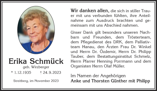 Traueranzeige von Erika Schmück von Gelnhäuser Neue Zeitung