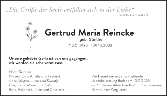Traueranzeige von Gertrud Maria Reincke von Gelnhäuser Neue Zeitung