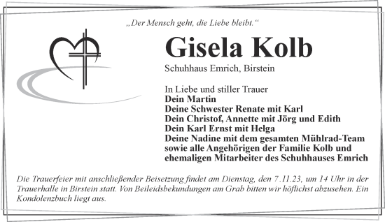 Traueranzeige von Gisela Kolb von Mittelhessen-Bote