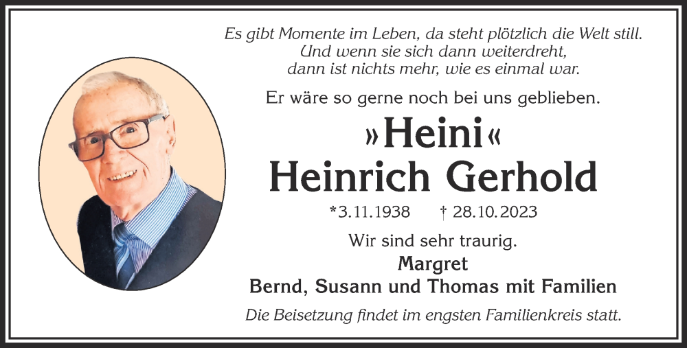  Traueranzeige für Heinrich Gerhold vom 04.11.2023 aus Mittelhessen-Bote