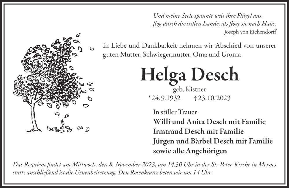  Traueranzeige für Helga Desch vom 04.11.2023 aus Gelnhäuser Neue Zeitung