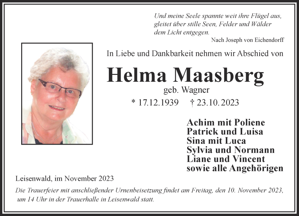  Traueranzeige für Helma Maasberg vom 04.11.2023 aus Gelnhäuser Neue Zeitung