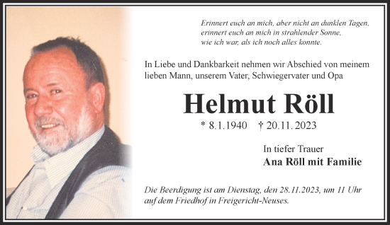 Traueranzeige von Helmut Röll von Gelnhäuser Neue Zeitung
