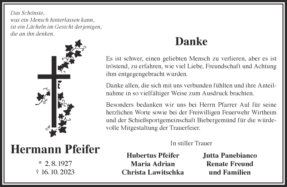  Traueranzeige für Hermann Pfeifer vom 25.11.2023 aus Gelnhäuser Neue Zeitung