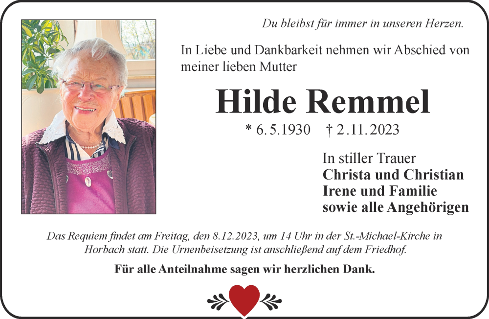  Traueranzeige für Hilde Remmel vom 25.11.2023 aus Mittelhessen-Bote