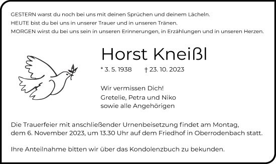 Traueranzeige von Horst Kneißl von Gelnhäuser Neue Zeitung