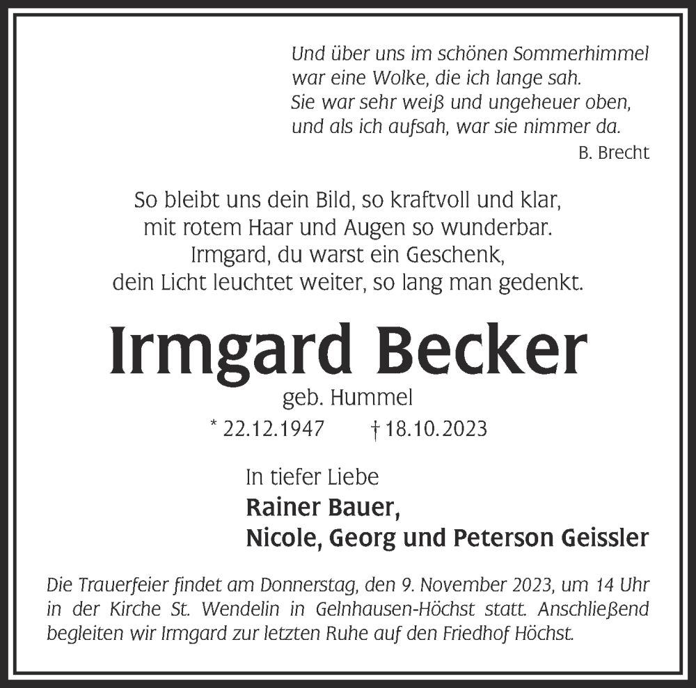  Traueranzeige für Irmgard Becker vom 04.11.2023 aus Gelnhäuser Neue Zeitung
