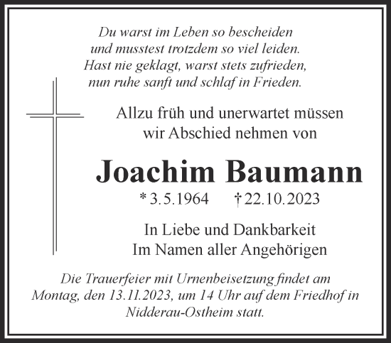 Traueranzeige von Joachim Baumann von Mittelhessen-Bote