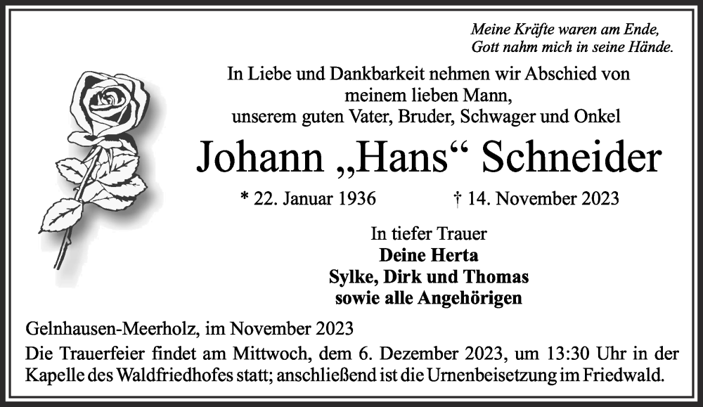  Traueranzeige für Johann Schneider vom 29.11.2023 aus Gelnhäuser Neue Zeitung