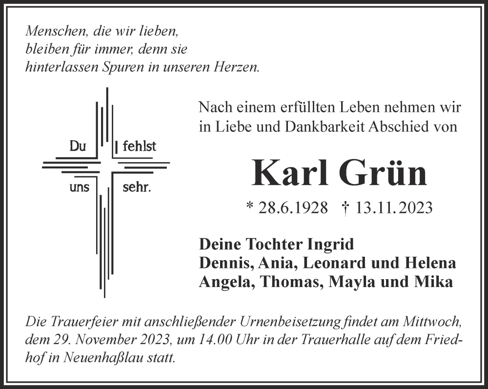  Traueranzeige für Karl Grün vom 25.11.2023 aus Gelnhäuser Neue Zeitung