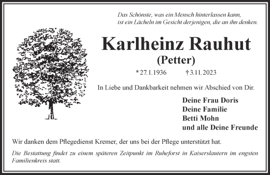 Traueranzeige von Karlheinz Rauhut von Gelnhäuser Neue Zeitung