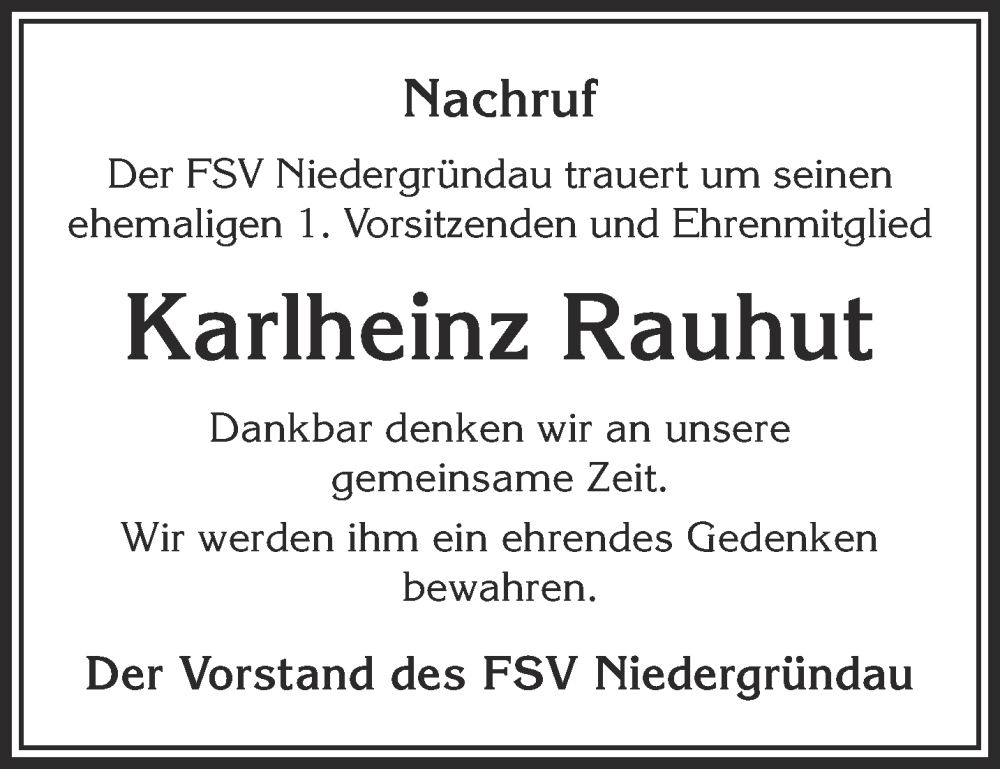  Traueranzeige für Karlheinz Rauhut vom 18.11.2023 aus Gelnhäuser Neue Zeitung