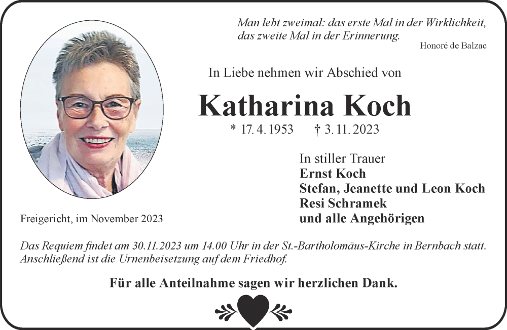  Traueranzeige für Katharina Koch vom 18.11.2023 aus Gelnhäuser Neue Zeitung