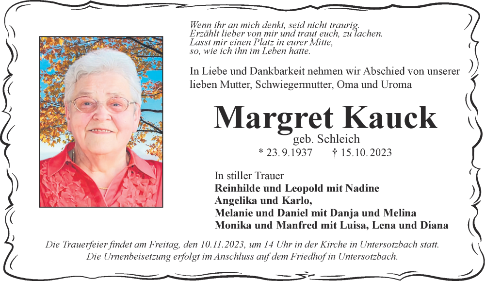  Traueranzeige für Margret Kauck vom 04.11.2023 aus Gelnhäuser Neue Zeitung