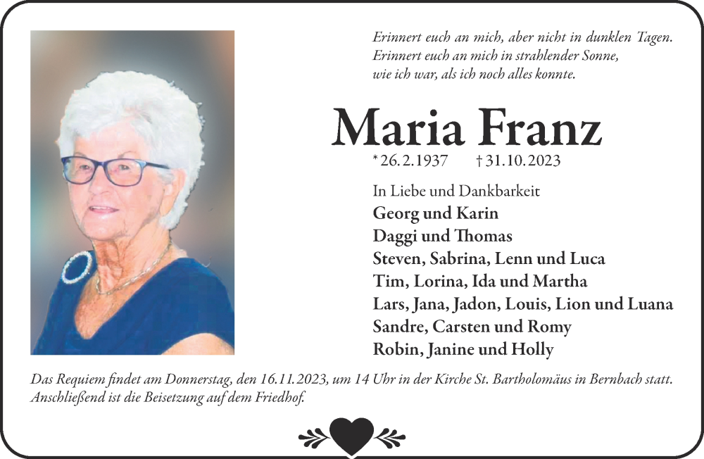  Traueranzeige für Maria Franz vom 11.11.2023 aus Mittelhessen-Bote