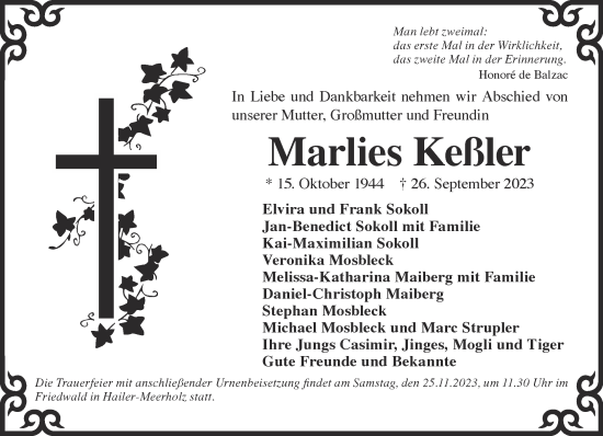 Traueranzeige von Marlies Keßler von Gelnhäuser Neue Zeitung