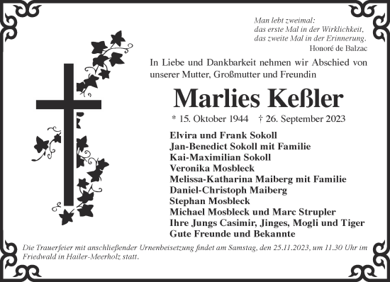 Traueranzeige von Marlies Keßler von Mittelhessen-Bote