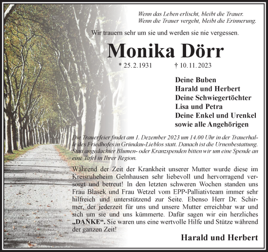 Traueranzeige von Monika Dörr von Gelnhäuser Neue Zeitung