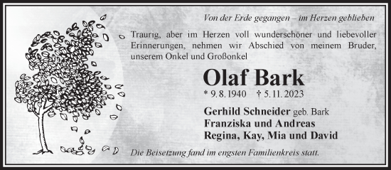 Traueranzeige von Olaf Bark von Mittelhessen-Bote