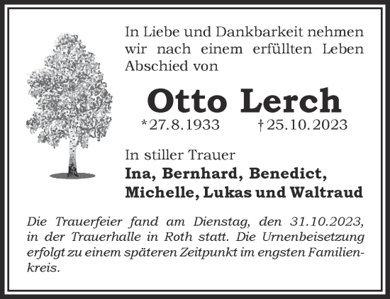 Traueranzeige von Otto Lerch von Mittelhessen-Bote