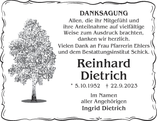 Traueranzeige von Reinhard Dietrich von Gelnhäuser Neue Zeitung