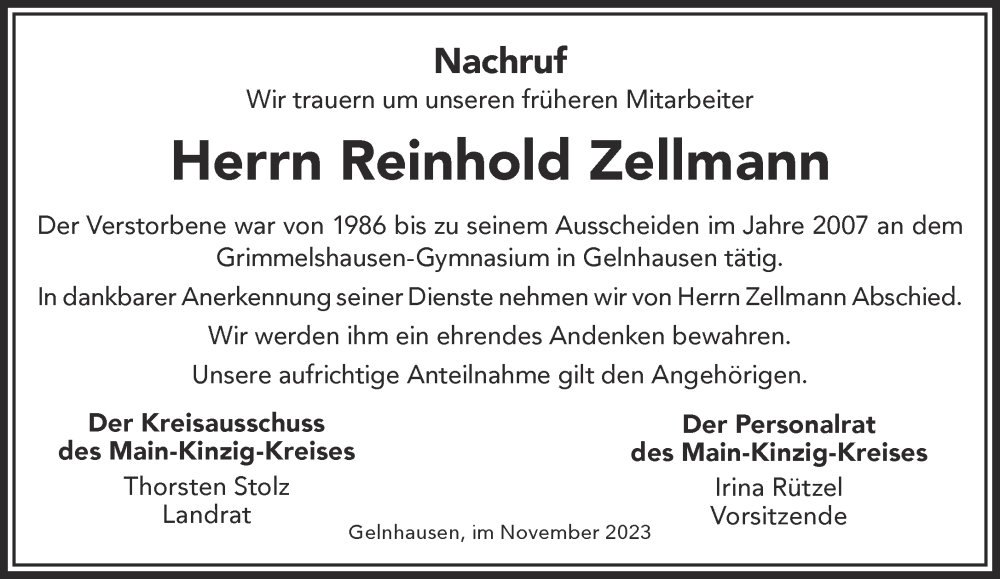  Traueranzeige für Reinhold Zellmann vom 25.11.2023 aus Mittelhessen-Bote