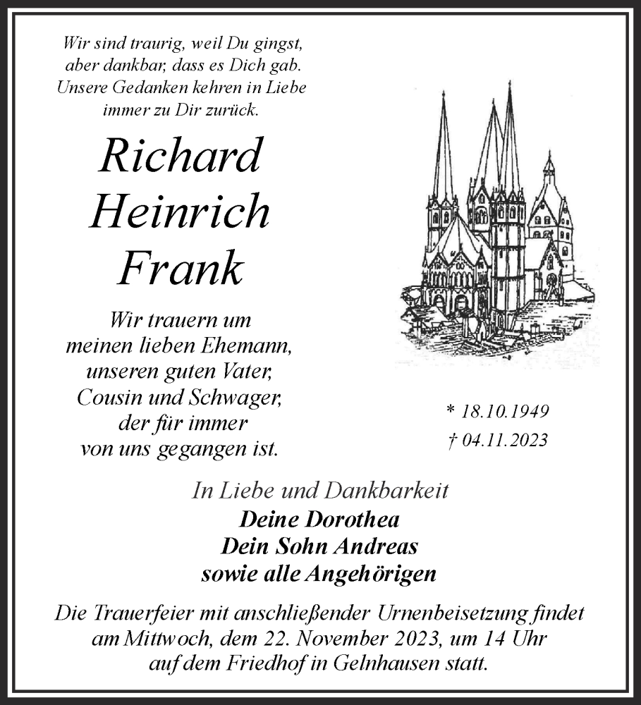 Traueranzeige für Richard Heinrich Frank vom 11.11.2023 aus Mittelhessen-Bote