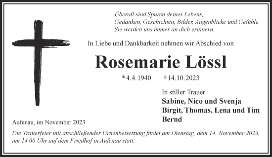 Traueranzeige von Rosemarie Lössl von Gelnhäuser Neue Zeitung