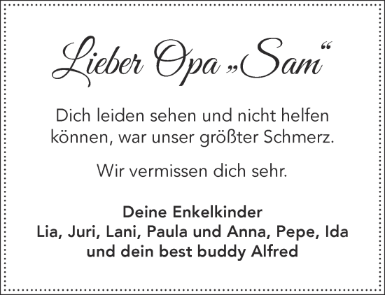 Traueranzeige von Sam  von Mittelhessen-Bote
