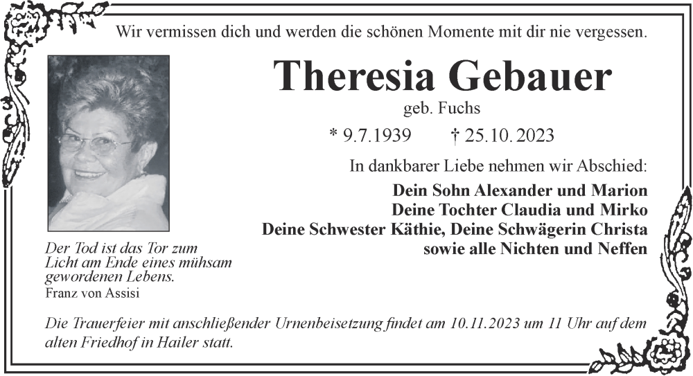  Traueranzeige für Theresia Gebauer vom 08.11.2023 aus Gelnhäuser Neue Zeitung