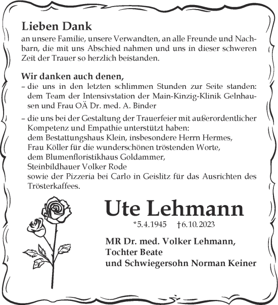 Traueranzeige von Ute Lehmann von Gelnhäuser Neue Zeitung