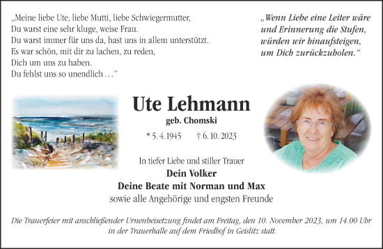 Traueranzeige von Ute Lehmann von Gelnhäuser Neue Zeitung