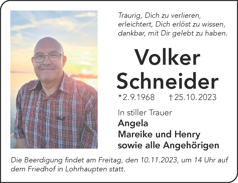  Traueranzeige für Volker Schneider vom 08.11.2023 aus Gelnhäuser Neue Zeitung