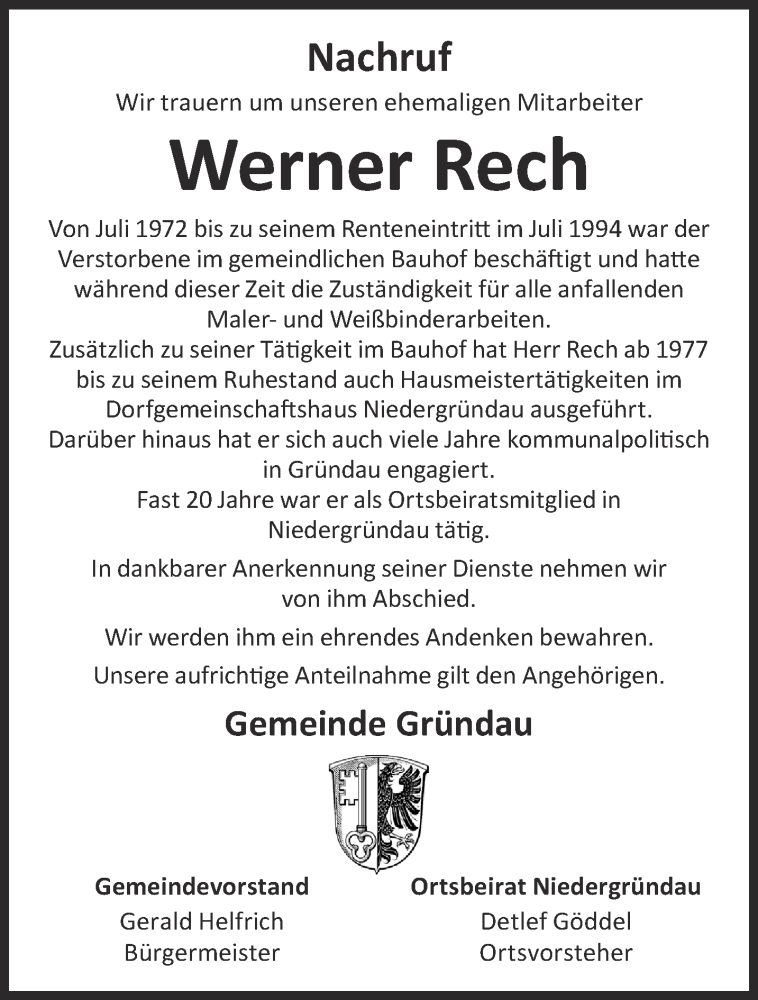  Traueranzeige für Werner Rech vom 04.11.2023 aus Mittelhessen-Bote