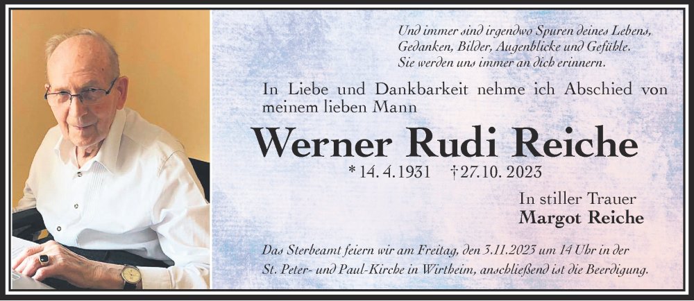  Traueranzeige für Werner Rudi Reiche vom 04.11.2023 aus Mittelhessen-Bote