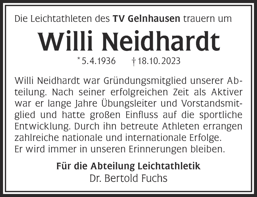  Traueranzeige für Willi Neidhardt vom 04.11.2023 aus Mittelhessen-Bote