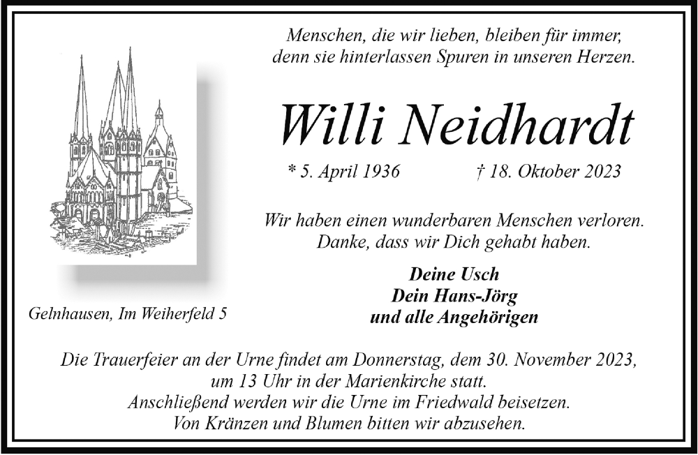  Traueranzeige für Willi Neidhardt vom 04.11.2023 aus Mittelhessen-Bote