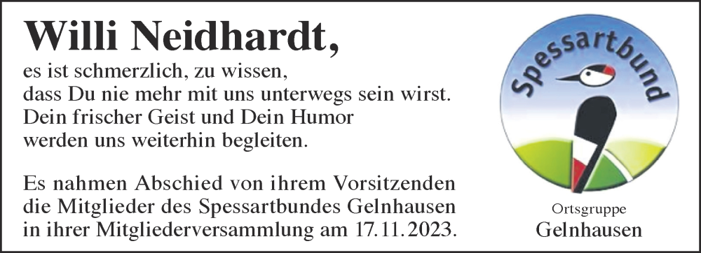  Traueranzeige für Willi Neidhardt vom 25.11.2023 aus Gelnhäuser Neue Zeitung